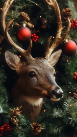 Festive reindeer ornament framed by Christmas greenery.