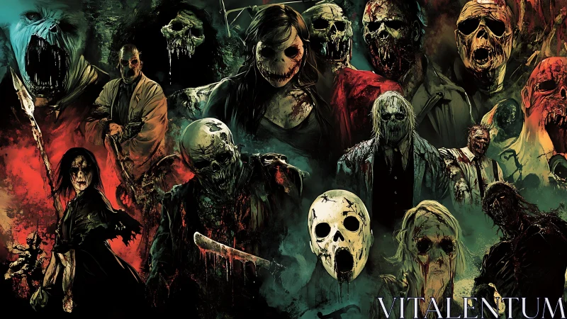 Chorus of Masked Nightmares in a Bloodlit Horror Gallery.