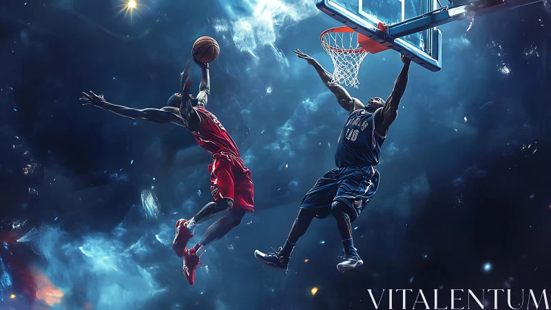 Basketball players contest dunk in stylized cosmic arena