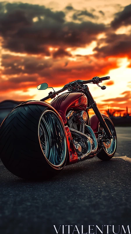 Custom red chopper motorcycle under cinematic sunset sky.