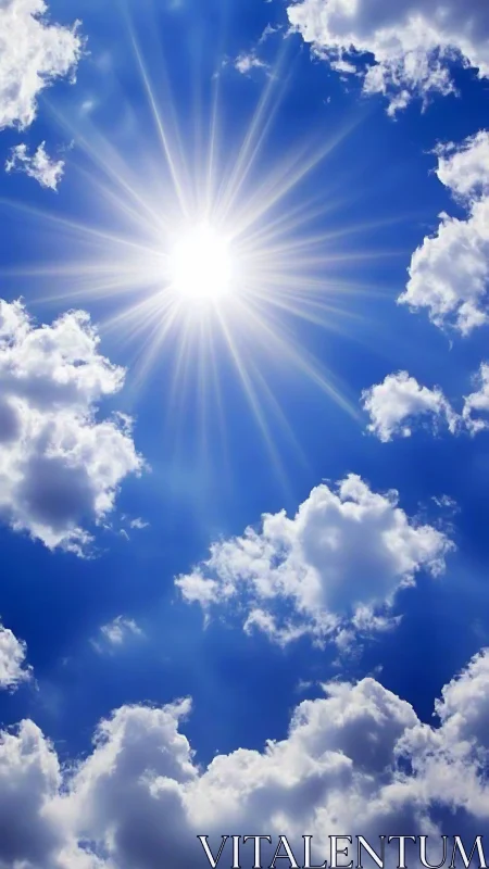 Direct sunburst in blue sky with scattered cumulus clouds.