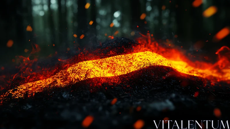 Molten Lava Flow. Volcanic Rock. Golden Heat Against Dark.