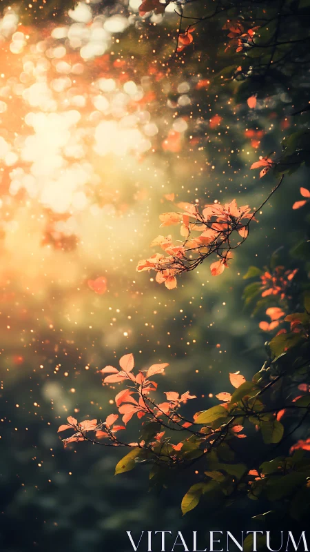 Backlit autumn leaves with shallow depth, bokeh particles