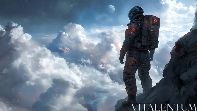 Stargazing explorer stands above glowing endless clouds.