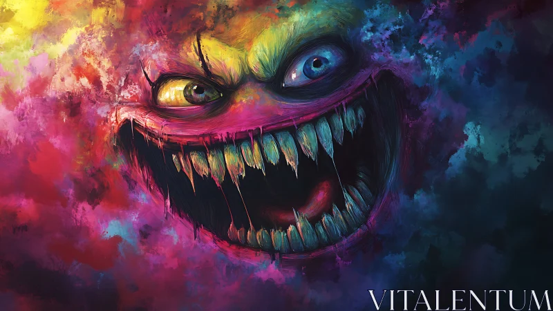 Bicolor eyed monstrous face within vivid abstract cloud form.