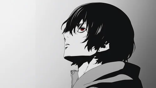 Side profile anime portrait shows hooded character staring upward