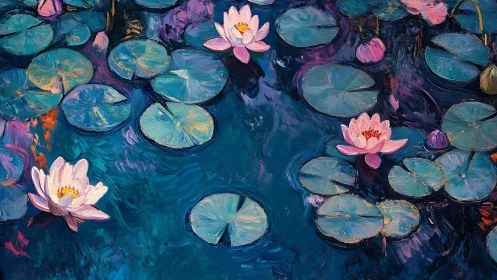 Impasto-rendered water lilies float across saturated cobalt pond