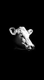 High contrast cow head illustration on black background.