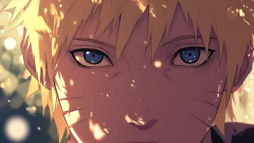 Blond anime boy stares ahead under dappled golden light