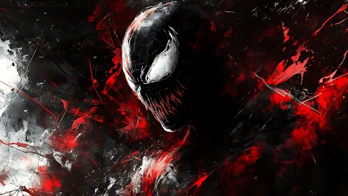 Symbiotic shadow grins amid violent splashes of crimson light.