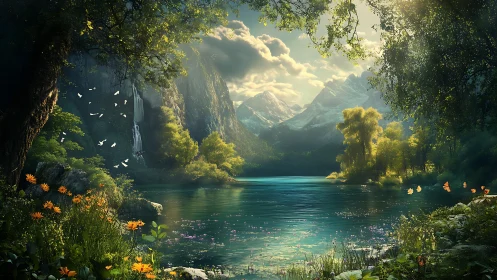 Enchanted mountain lake with waterfalls and glowing forest light.