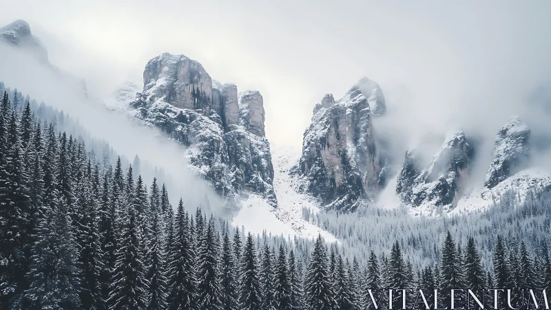 Snow-clad alpine peaks rising above dense conifer forest.