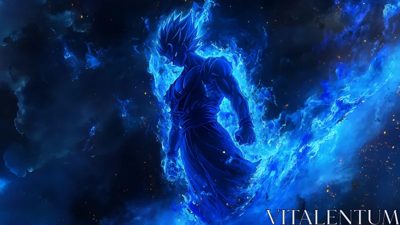 Cosmic blue warrior rising in a storm of glowing energy.
