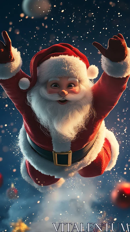 Santa Claus character jumps upward in a snowy night scene