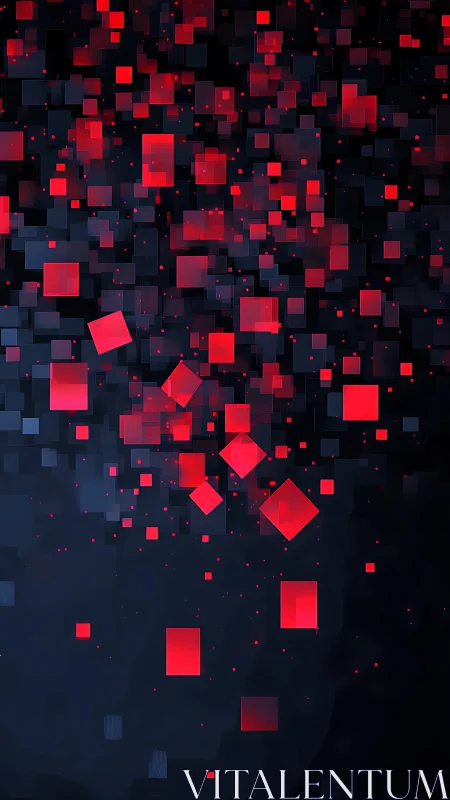 Red cubic elements on dark digital background field.