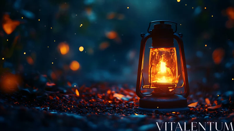 Illuminated Lantern Against Dark Background with Bokeh Light Elements.