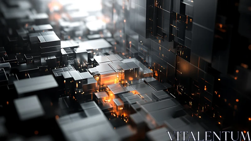 Geometric metal blocks glow with warm digital energy lines