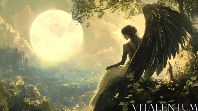 Luminous moonlit angel on cliff in ethereal fantasy tableau.