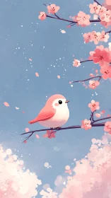 Pink Bird on Blossom Branch Against Blue Spring Sky