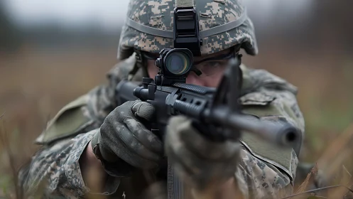 Soldier aiming rifle with optical sight in field setting.
