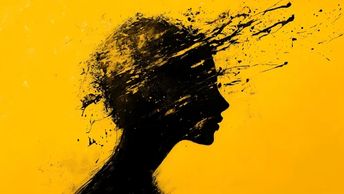 Silhouette of restless thoughts against bold yellow sky.