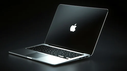 Open silver laptop with illuminated logo on dark background.