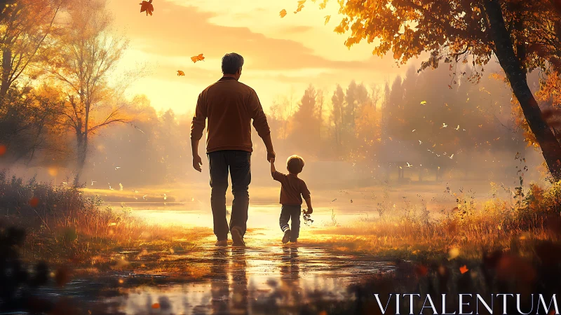 Golden hour stroll shared by parent and child beside water.