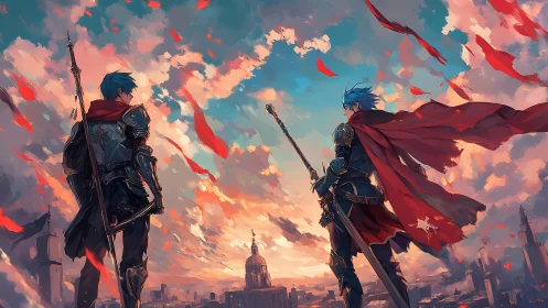 Anime battle duo over sunset city with sweeping capes composition.