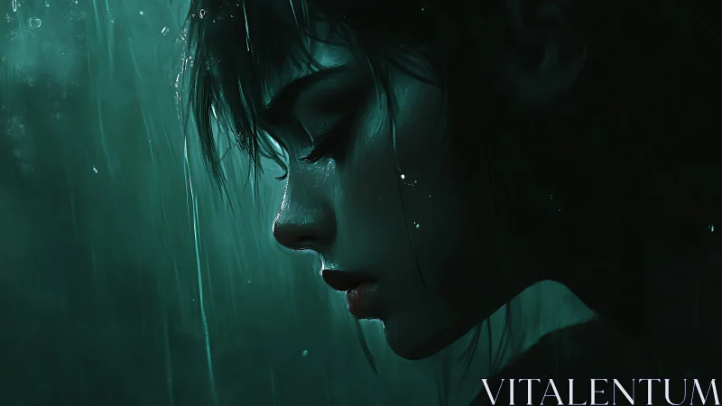 Rain-drenched profile of pensive girl in teal shadows.