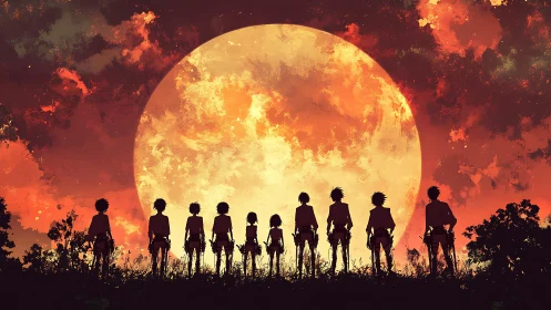 Silhouetted figures before oversized moon in red sky.