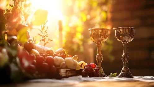 Golden goblets glow above ripe fruit in gentle evening light