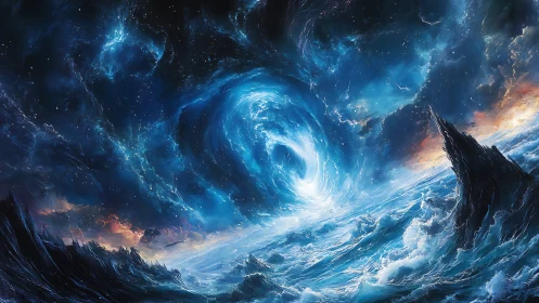 Cosmic ocean vortex swirls beneath luminous nebula sky.