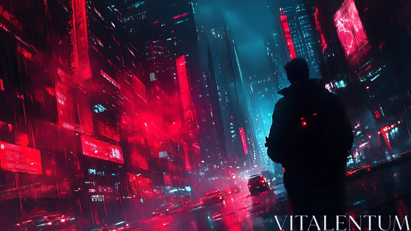 Neon wanderer crossing a rain-soaked cyberpunk avenue.
