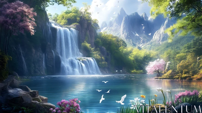 Dreamlike mountain waterfalls over tranquil blue lake.