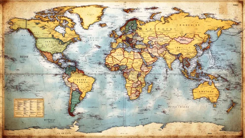 Political world map with vintage coloration and labels.