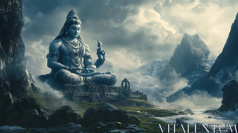 Colossal meditative deity statue in misty mountain valley.