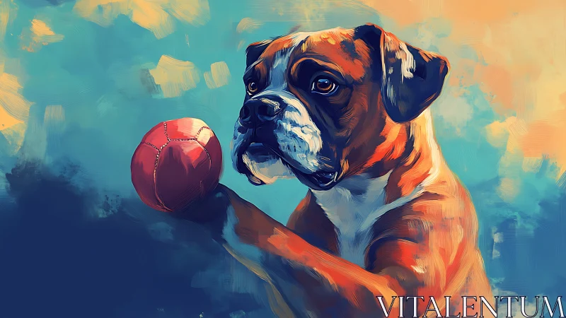 Boxer dog isolates red ball with high-contrast brushwork and light