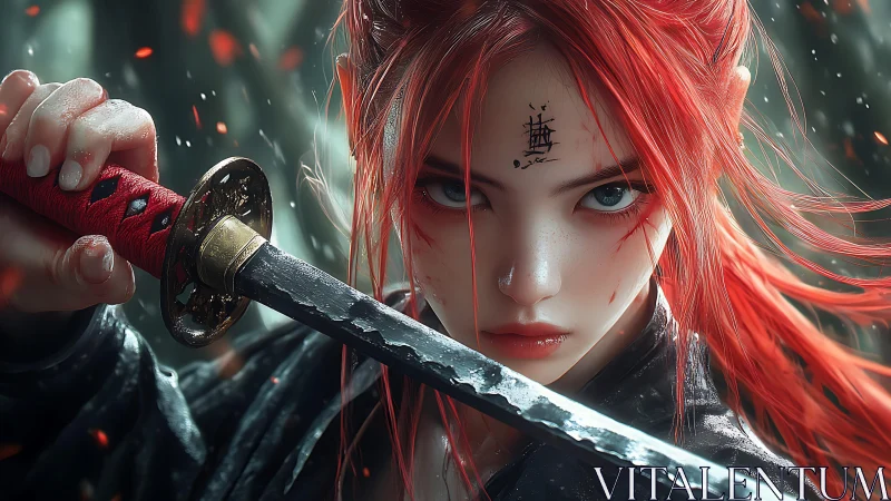 Red haired anime warrior with katana in intense close up.