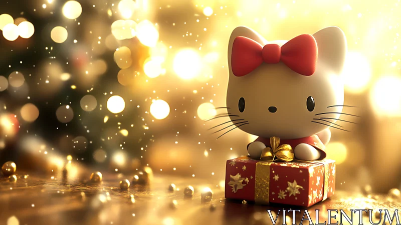 Sweet kitty figurine glows atop a sparkling holiday gift