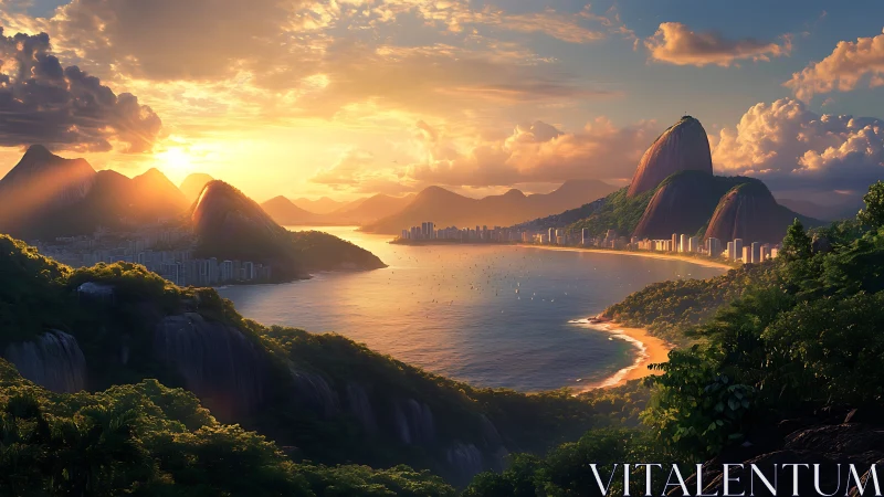 Golden sunset embraces a peaceful tropical bay and city