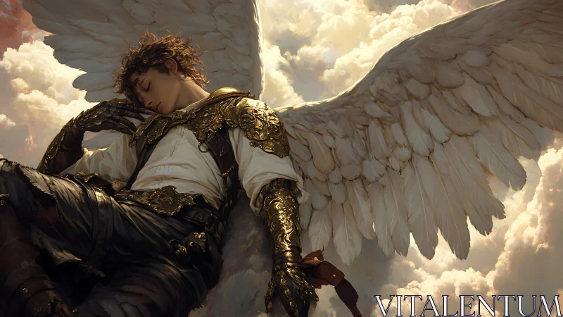 Slumbering skyward guardian in baroque golden armor dreams.