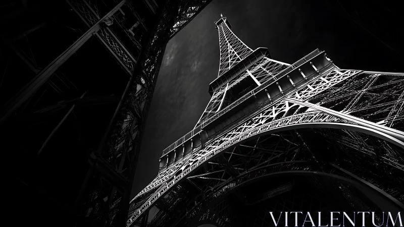 Eiffel Tower low-angle monochrome structural study at night.