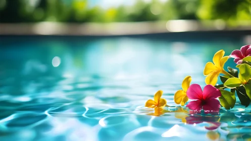 Tropical flowers drift peacefully across a sunlit blue pool