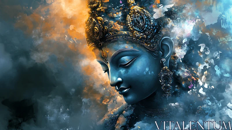 Divine blue deity portrait dissolves into luminous cosmic mist