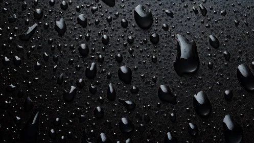 Gentle raindrops rest on a dark surface in calm focus