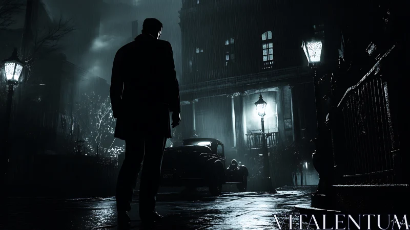 Shadowed detective crossing rain-slicked city street at night.