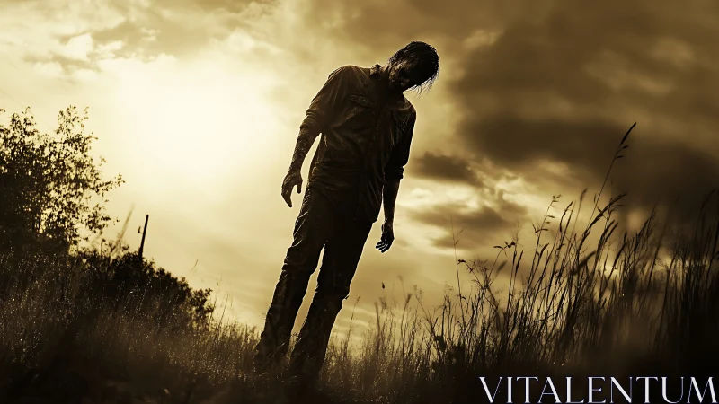 Sunset-staggering scarecrow soul wanders the dead field.