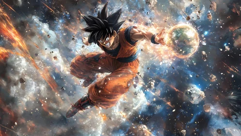 Energetic martial hero channeling cosmic plasma sphere.