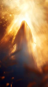 Radiant robed figure ascending through blazing golden light.