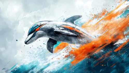 Joyful digital dolphin bursts through vivid ocean color